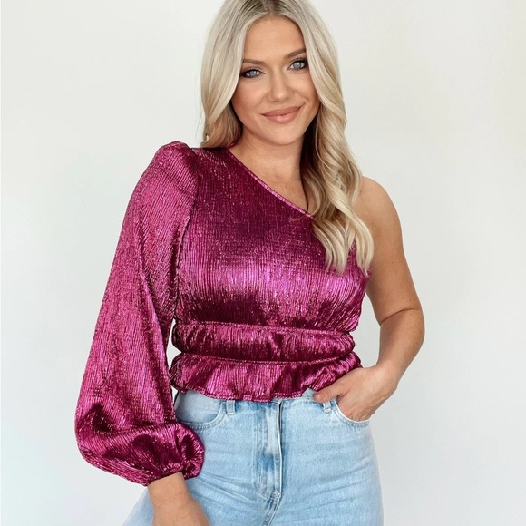 NWT Pink Metallic One-Shoulder Top - Picture 3 of 7